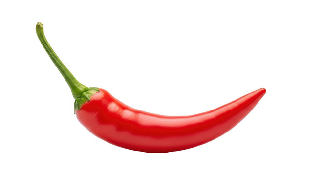 Pristine, vivid red cayenne chili pepper with glossy skin and a bright green stem, perfectly curved, isolated on a transparent studio background with a soft cast shadow, concept of vitality