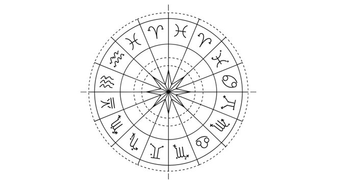 Circular astrological zodiac chart featuring twelve constellation symbols and celestial geometry in black and white line art.