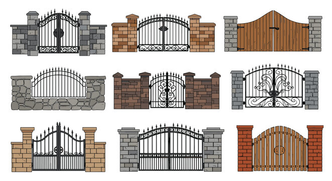 Set of different garden and driveway gate designs featuring wrought iron and wood with decorative stone and brick pillars.