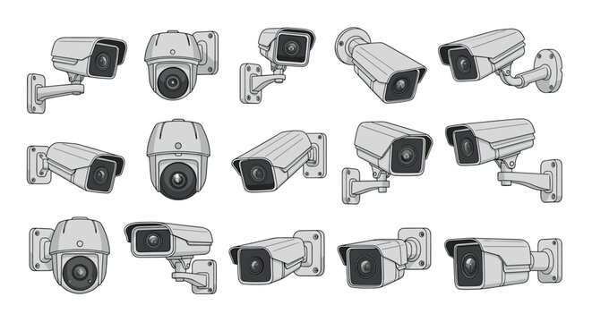 Variety of security and surveillance camera designs presented in detailed grayscale line art illustrations.