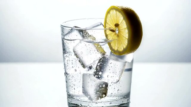 Glass of sparkling water with ice cubes and lemon slice rotating on white background.