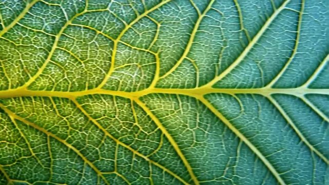 Closeup of a green leaf with yellow veins.