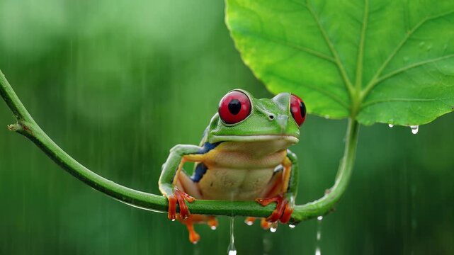 Adorable Red-Eyed Tree Frog Perched on a Vine with Green Foliage.