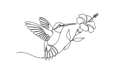 Minimal Continuous Line Hummingbird Flying With Floral Element Vector