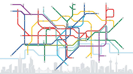 Abstract Metro Subway Map Illustration with Colorful Transit Lines over Modern City Skyline Silhouette for Urban Planning and Transportation Concepts © galih