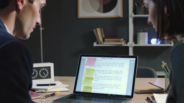 Colleagues collaborating workspace, Team discussing project on computer with markers, Two coworkers engaged in collaborative document review with annotations at their shared desk