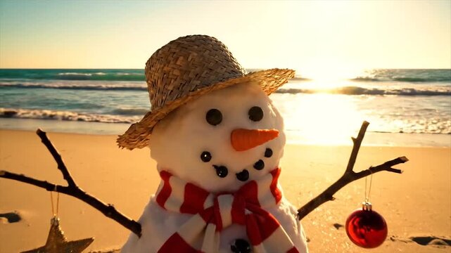 Snowman on a Tropical Beach at Sunset with Festive Decorations.