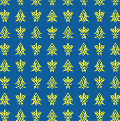 Elegant seamless fleur de lis pattern in vibrant yellow on deep blue background. Perfect for wallpaper, textile prints, branding, packaging, luxury decor, fabric design, and decorative surfaces. © rdesign