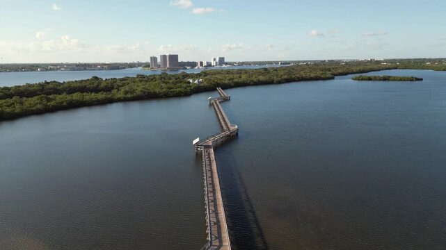 Aerial View of an L-Shaped Boardwalk Pier Over Dark Tannin Waters Surrounded by Tropical Mangrove Forest