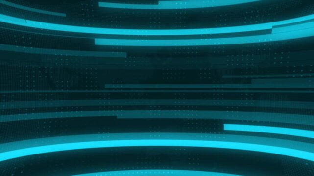Dark teal abstract background with a subtle dotted map and prominent horizontal glowing teal stripes, a technology or global news presentation