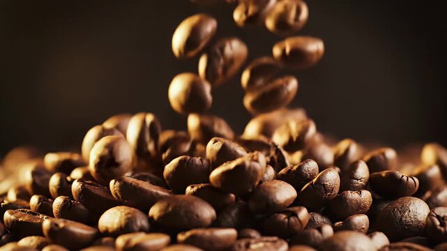 Close-up shot of roasted coffee beans falling against a dark, blurred background