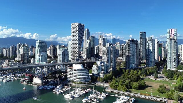 Stunning Aerial View of Vancouver Skyline and Bridge,  Ferries and North Shore Mountains