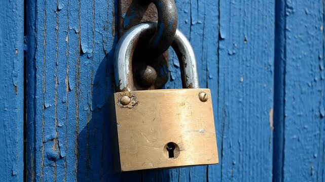 Brass padlock secured to peeling blue painted wooden door