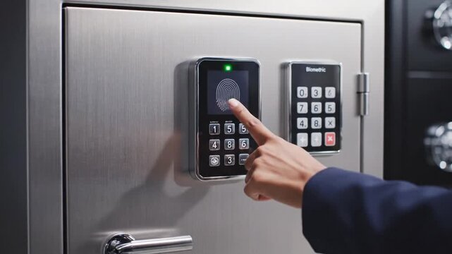 Business professional uses advanced biometric fingerprint scanner access control system on modern metal security safe deposit box