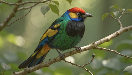 Obraz premium Vibrant rainbow lorikeet bird perched on green leafy branch in nature close-up
