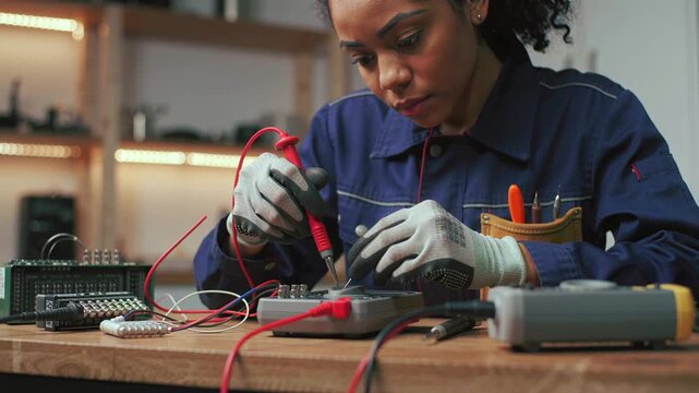 woman testing circuit board with multimeter, focused technician at wooden bench with gloves and coveralls, red probes connected to components, scattered tools and instruments, warm ambient