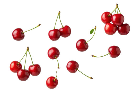 Multiple ripe red cherries with vivid green stems, blemish-free, glossy, floating suspended in mid-air against a transparent background, high-key studio, concept of healthy delight and simplicity