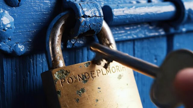 Old brass padlock secures weathered blue painted wooden latch