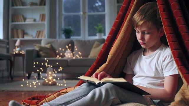 boy reading under blanket fort, glowing sparks rise from open book, cozy living room with bookshelf background, soft evening light, focused expression and imaginative escape into fantasy