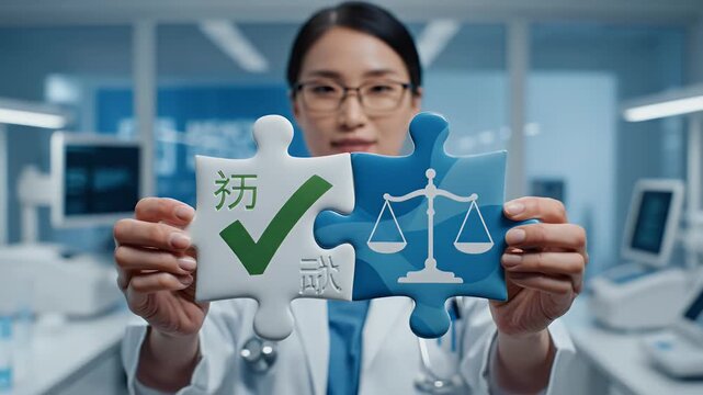 Person holds two puzzle pieces, one with a checkmark, the other with scales of justice