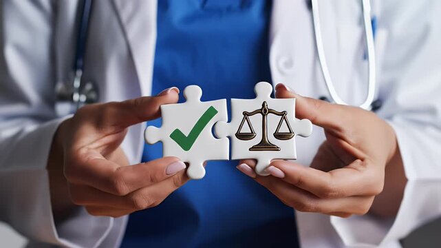 Hands hold puzzle pieces with checkmark and scales of justice