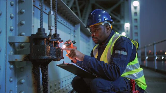 Black worker inspecting bridge valve at night wearing high visibility vest blue helmet and gloves using wrench and flashlight to check rusted bolts and corrosion on steel girder under city