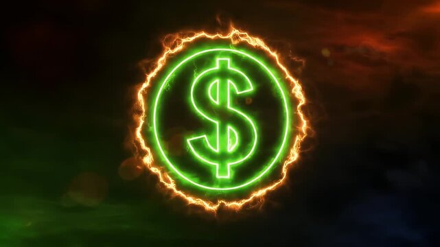 Seamless animation of burning a dollar on a black background with a green flame