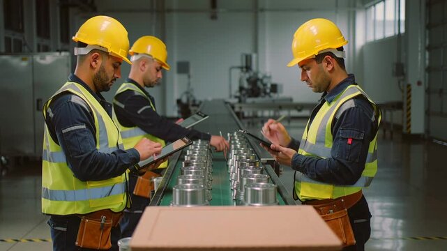 assembly line three inspectors checking parts on conveyor using tablet and handheld scanner, wearing reflective vests and helmets, monitoring production flow, metal components moving