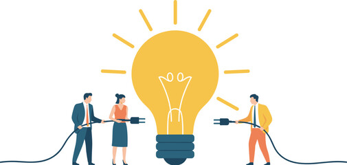 Business teamwork connecting power plugs to light bulb idea, collaboration innovation concept illustration for startup creativity and partnership © Ponkaj