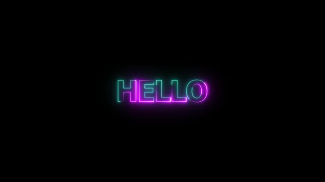 Colorful Neon Hello Text with Shimmering Light and Dark Background, Luminous and shimmering haze inside the letters of the text Hello.
