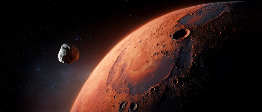 Mars and Phobos Moon in Deep Space Orbit View