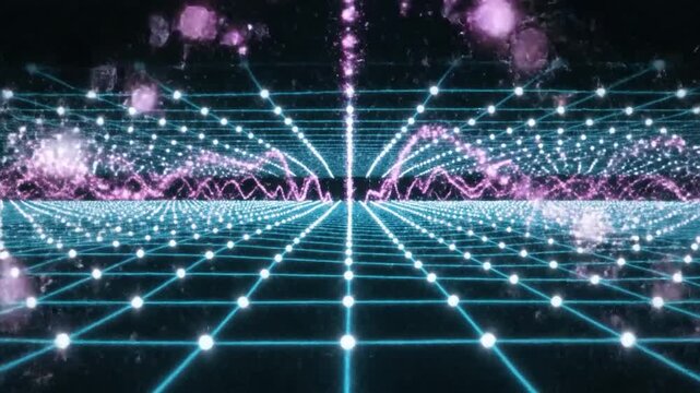 Abstract digital grid with glowing particles and wave patterns