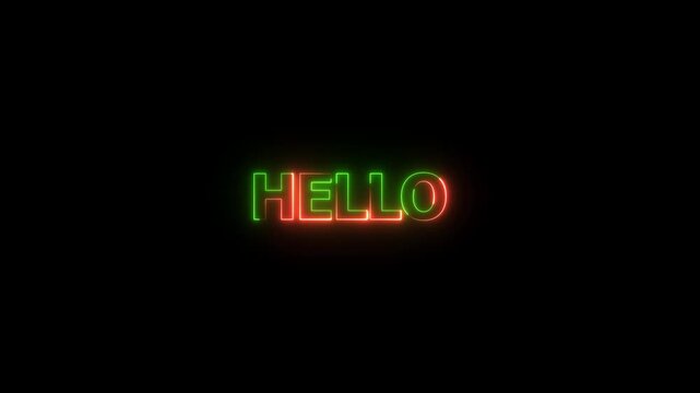 Glowing Neon Hello Text with Luminous Shimmering Light Effect, Luminous and shimmering haze inside the letters of the text Hello.