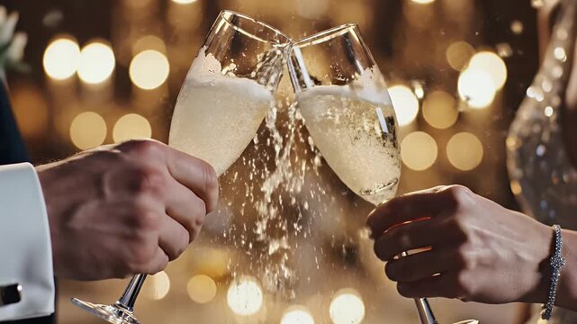 Two hands clink champagne flutes with splashing liquid and bokeh lights
