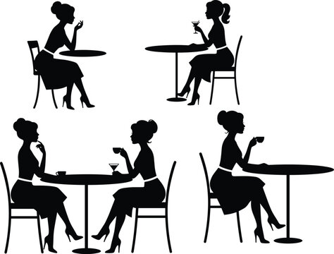 Collection of elegant women sitting at cafe table silhouettes drinking coffee cocktail chatting, stylish female friends conversation vector set illustration