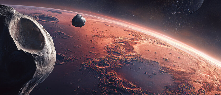 Mars and Phobos Moon in Deep Space Orbit View