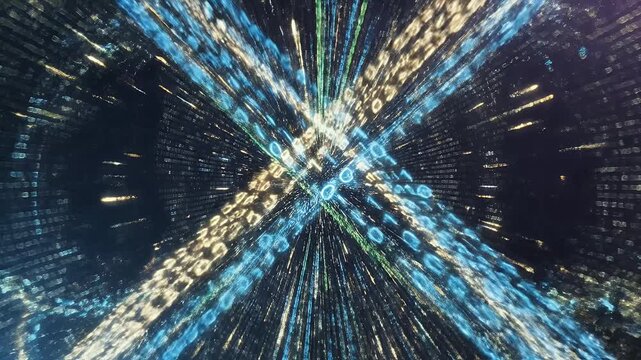 Abstract blue and gold light streaks and binary code patterns