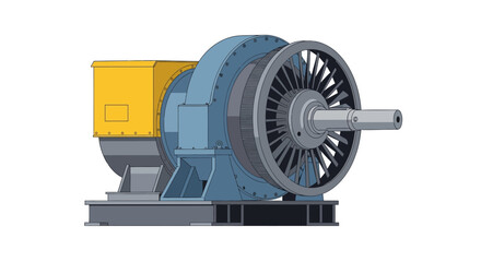 Obraz premium Industrial turbine generator with fan and yellow housing on white background