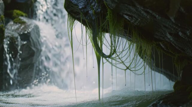 mossy grotto waterfall with misty pool, dripping vines and rocky overhang framing gentle cascade soft sunlight filters through canopy, lush moss clings to stone, slow motion water flow