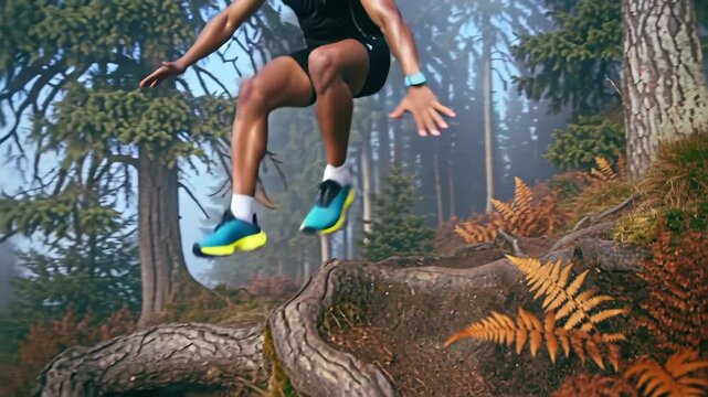 trail runner navigating forest roots, powerful athlete leaping and sprinting through foggy pine path with exposed roots and ferns, focused movement, dynamic training and endurance in natural
