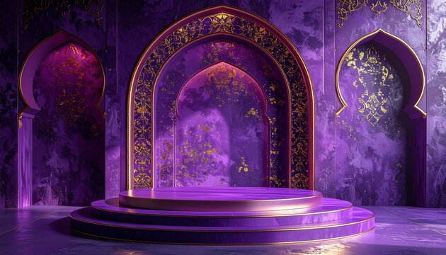 Opulent Royal Purple Golden Arabic Archway Stage with Podium