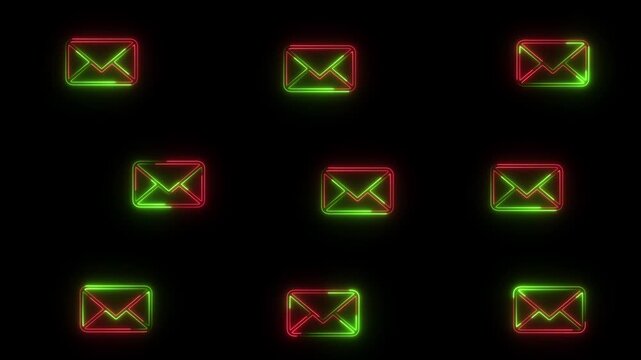 Glowing Neon Email Icons Background &ndash; Red and Green Mail Notification Symbols on Black