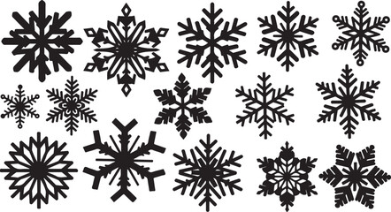 Collection of various black snowflakes on white background