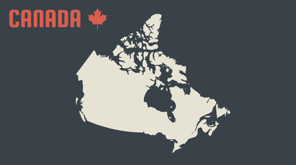 Minimalist Vintage Style Canada Map Illustration with Red Maple Leaf and Retro Text on Dark Background