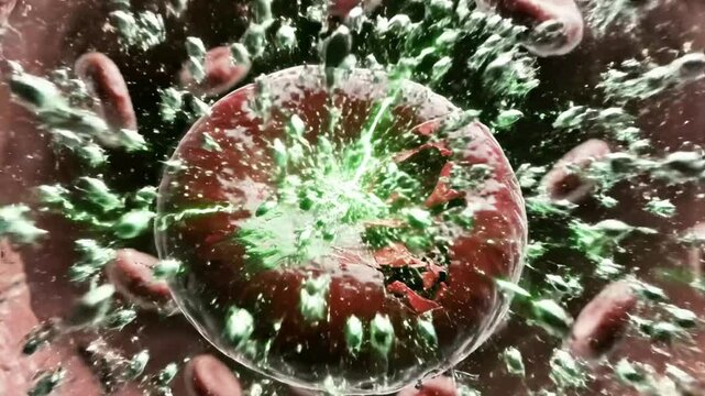 A computer-generated image of a virus with a green center and numerous spike proteins on its surface, surrounded by red blood cells within a blood vessel