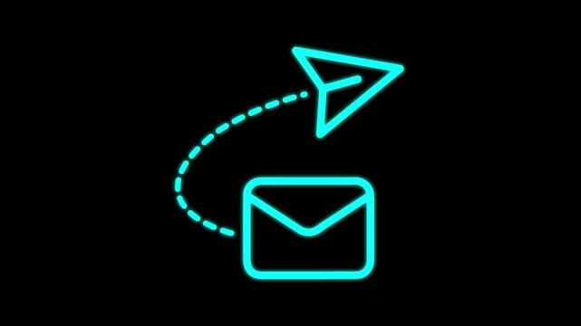 Neon Paper Plane Sending Email Message Icon on Black Background