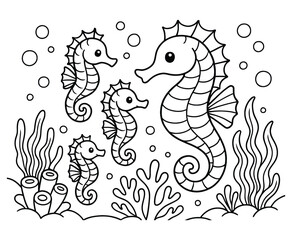 Obraz premium Family of seahorses swimming in coral reef underwater garden coloring book page for kids