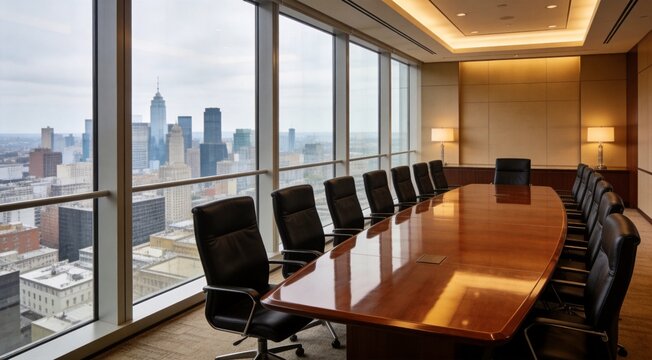 Luxury executive boardroom with oval table, panoramic city skyline view through windows, empty workspace during daytime, financial office interior photography
