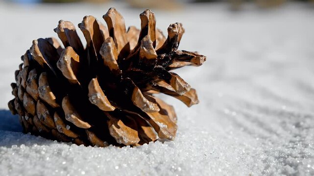 Close-up of a brown pinecone resting on sparkling white sand