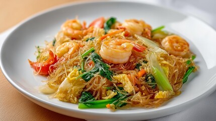Naklejka premium stir fried noodles with shrimp, Thai pad woon sen